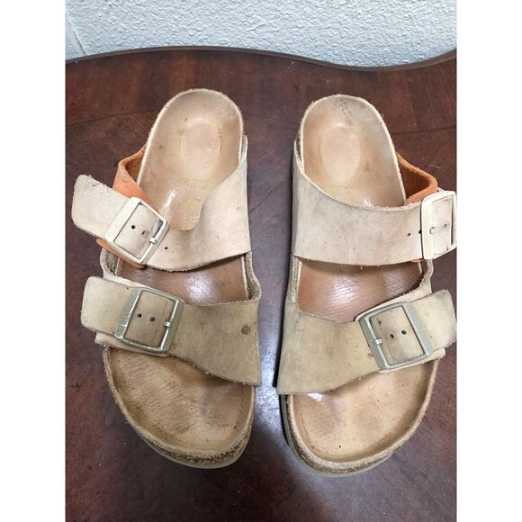 Birkenstock Arizona Beige/Brown Leather Cork Sole Double Strap Buckle Women's Si - Picture 2 of 13